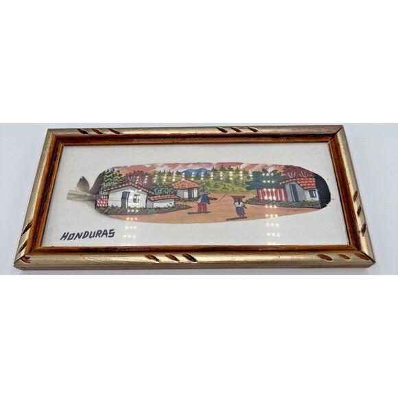 Handpainted & Framed Feather Art Honduras Village Scene Wall Hanger 10.75" X 5" - Picture 10 of 10